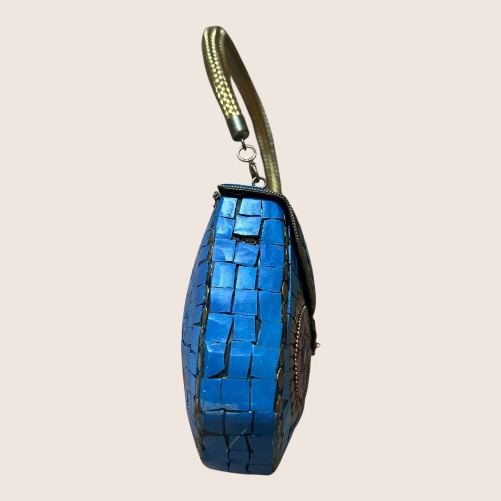 💙 VTG HIMALAYAN TIBETAN HANDMADE MOSAIC CLUTCH DETACHABLE SHOULDER CHAIN BLUE - Picture 7 of 11